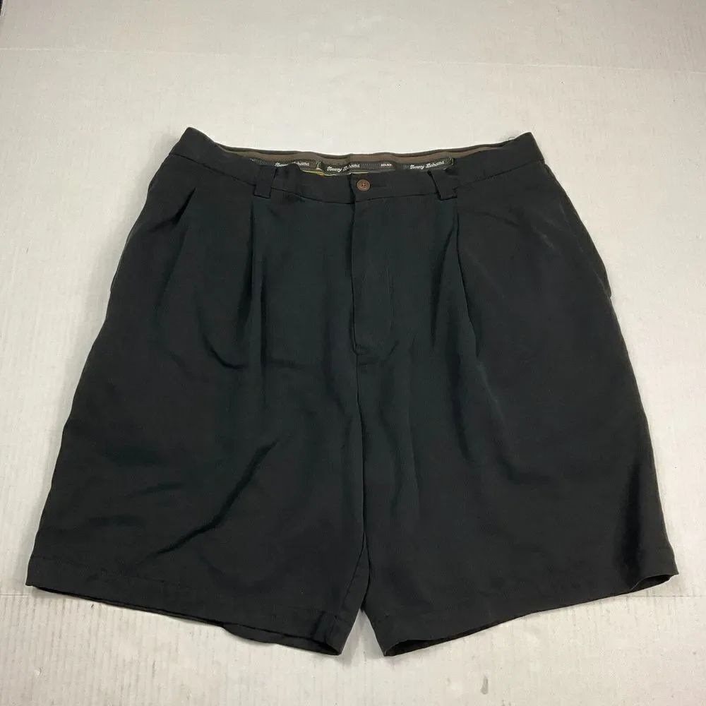 Tommy Bahama Mens Silk Pleated Shorts Black Summer Zip Up 8" Inseam Size 35